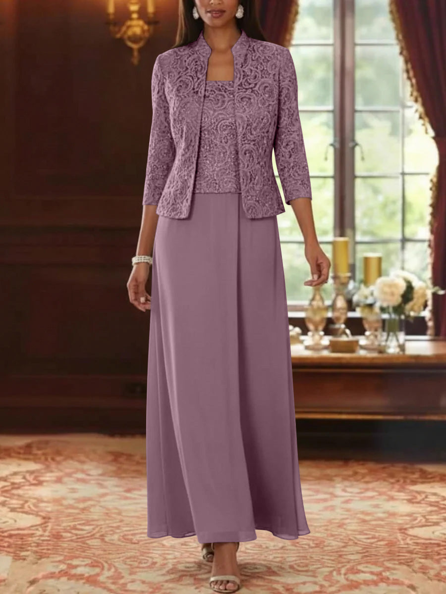 2 Pieces A-Line/Princess Square Collar Chiffon Mother of the Bride Dresses with Jacket Lace Ankle-Length 3/4 Sleeves
