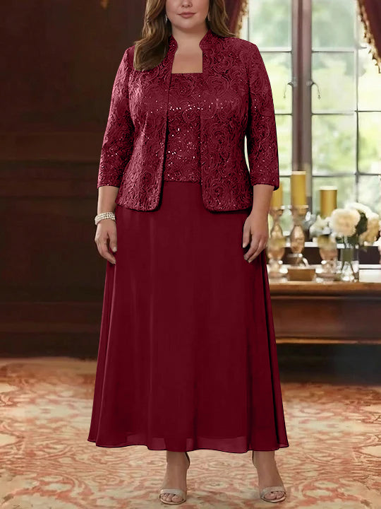2 Pieces A-Line/Princess Square Collar Chiffon Plus Size Mother of the Bride Dresses with Jacket Lace Ankle-Length 3/4 Sleeves