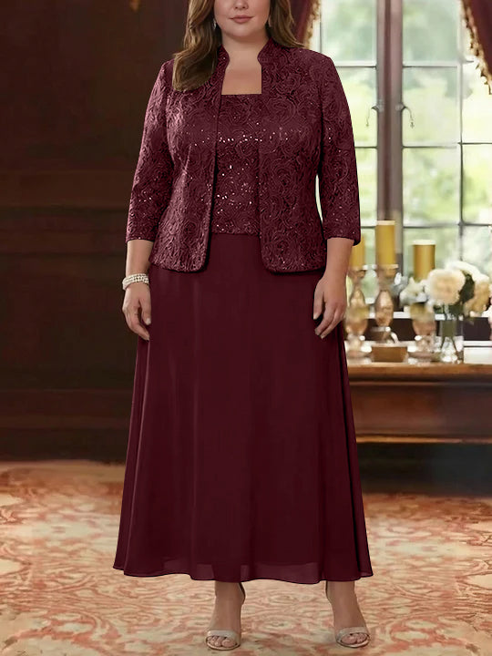 2 Pieces A-Line/Princess Square Collar Chiffon Plus Size Mother of the Bride Dresses with Jacket Lace Ankle-Length 3/4 Sleeves