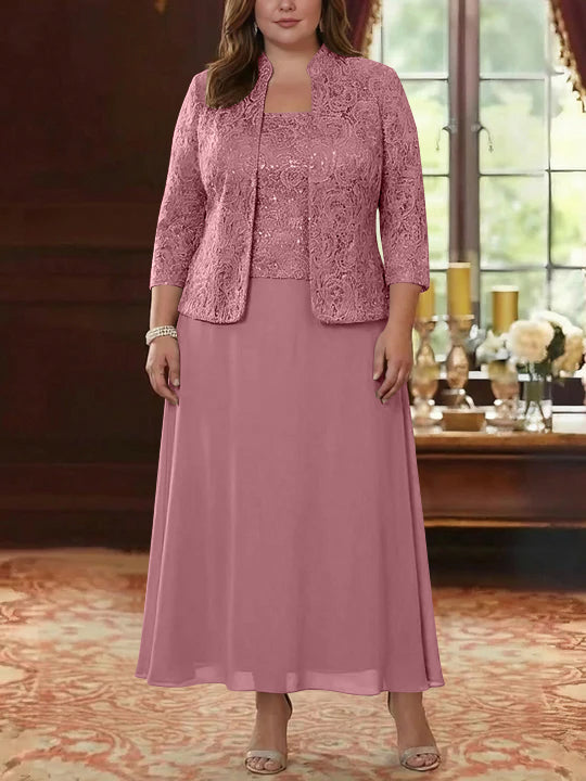 2 Pieces A-Line/Princess Square Collar Chiffon Plus Size Mother of the Bride Dresses with Jacket Lace Ankle-Length 3/4 Sleeves