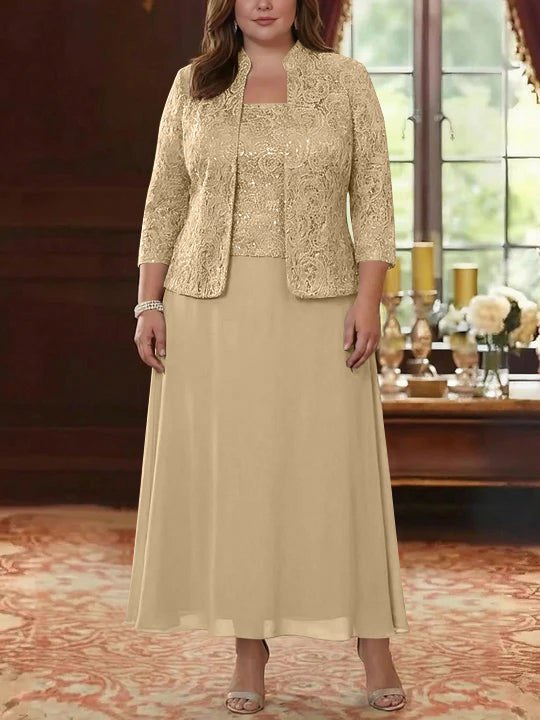 2 Pieces A-Line/Princess Square Collar Chiffon Plus Size Mother of the Bride Dresses with Jacket Lace Ankle-Length 3/4 Sleeves