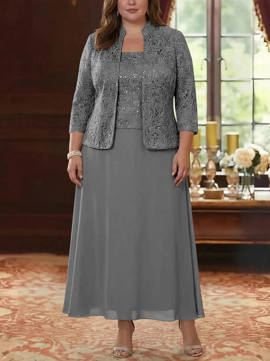 2 Pieces A-Line/Princess Square Collar Chiffon Plus Size Mother of the Bride Dresses with Jacket Lace Ankle-Length 3/4 Sleeves
