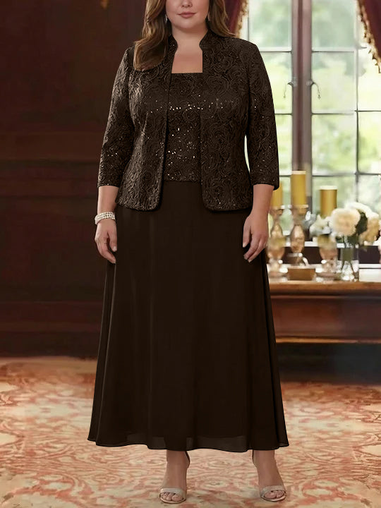 2 Pieces A-Line/Princess Square Collar Chiffon Plus Size Mother of the Bride Dresses with Jacket Lace Ankle-Length 3/4 Sleeves