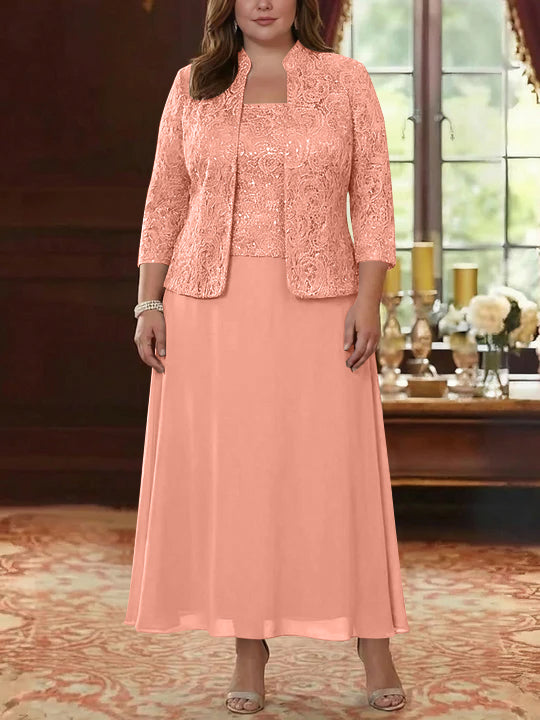 2 Pieces A-Line/Princess Square Collar Chiffon Plus Size Mother of the Bride Dresses with Jacket Lace Ankle-Length 3/4 Sleeves