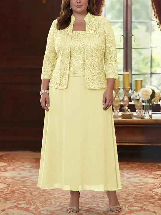 2 Pieces A-Line/Princess Square Collar Chiffon Plus Size Mother of the Bride Dresses with Jacket Lace Ankle-Length 3/4 Sleeves