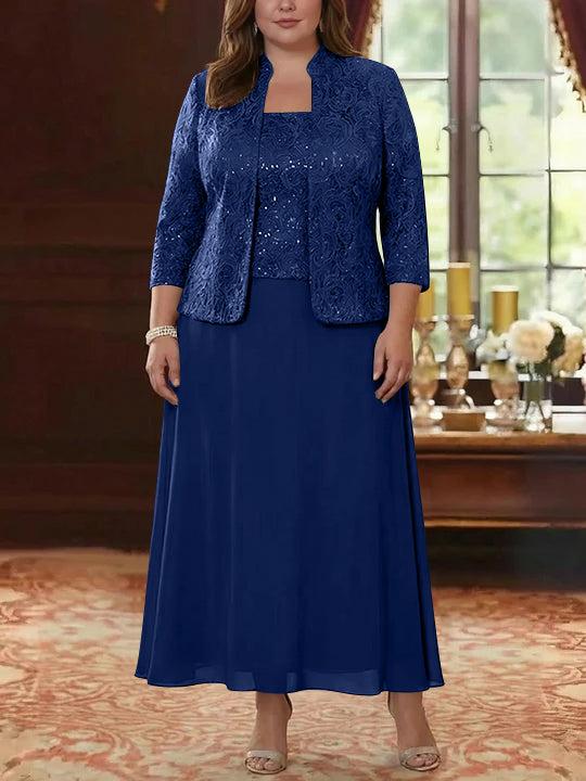2 Pieces A-Line/Princess Square Collar Chiffon Plus Size Mother of the Bride Dresses with Jacket Lace Ankle-Length 3/4 Sleeves
