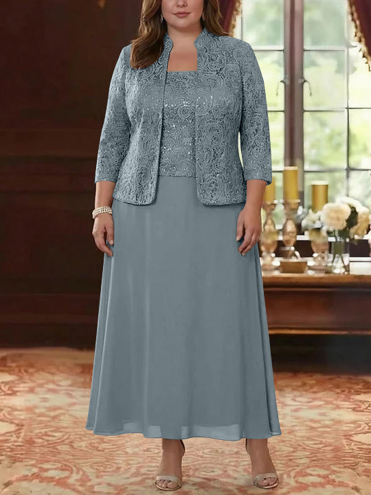 2 Pieces A-Line/Princess Square Collar Chiffon Plus Size Mother of the Bride Dresses with Jacket Lace Ankle-Length 3/4 Sleeves