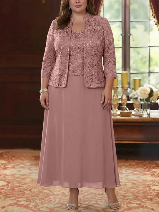 2 Pieces A-Line/Princess Square Collar Chiffon Plus Size Mother of the Bride Dresses with Jacket Lace Ankle-Length 3/4 Sleeves