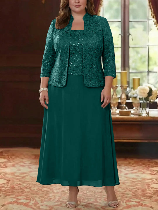2 Pieces A-Line/Princess Square Collar Chiffon Plus Size Mother of the Bride Dresses with Jacket Lace Ankle-Length 3/4 Sleeves