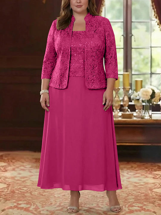 2 Pieces A-Line/Princess Square Collar Chiffon Plus Size Mother of the Bride Dresses with Jacket Lace Ankle-Length 3/4 Sleeves