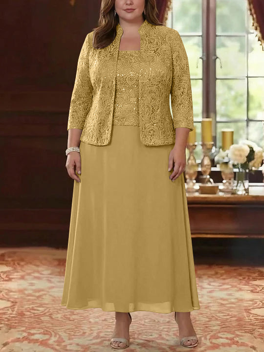 2 Pieces A-Line/Princess Square Collar Chiffon Plus Size Mother of the Bride Dresses with Jacket Lace Ankle-Length 3/4 Sleeves