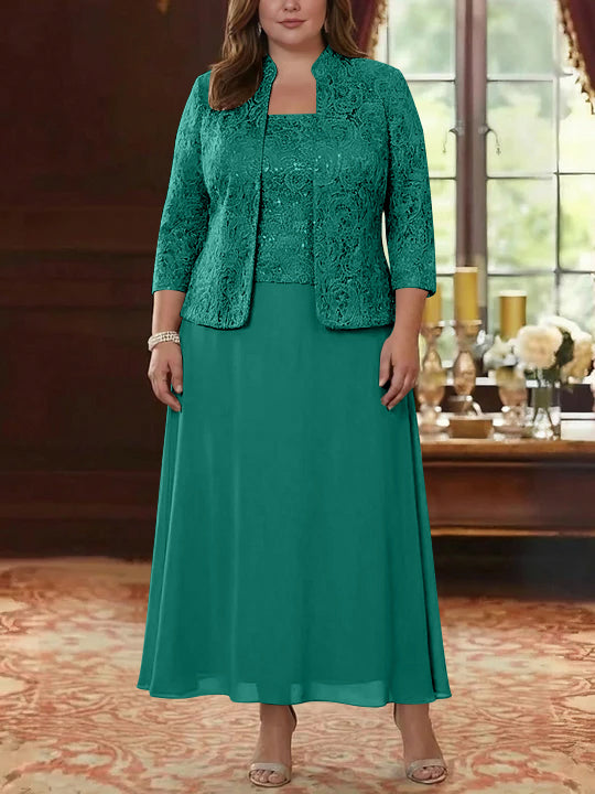 2 Pieces A-Line/Princess Square Collar Chiffon Plus Size Mother of the Bride Dresses with Jacket Lace Ankle-Length 3/4 Sleeves