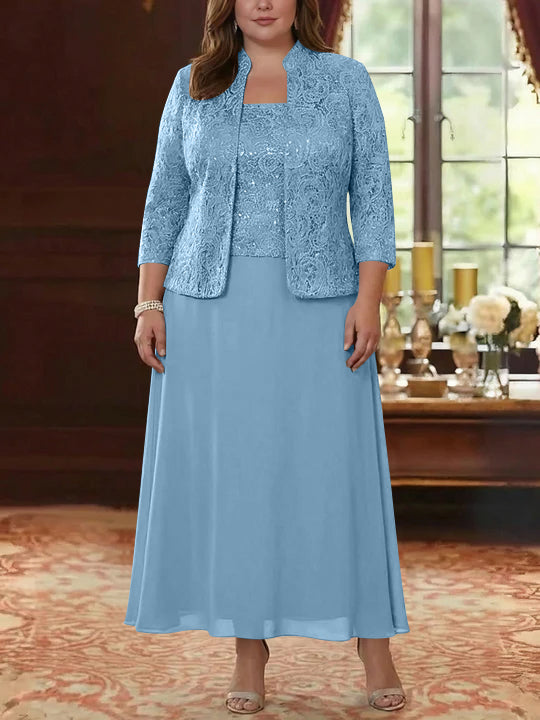 2 Pieces A-Line/Princess Square Collar Chiffon Plus Size Mother of the Bride Dresses with Jacket Lace Ankle-Length 3/4 Sleeves