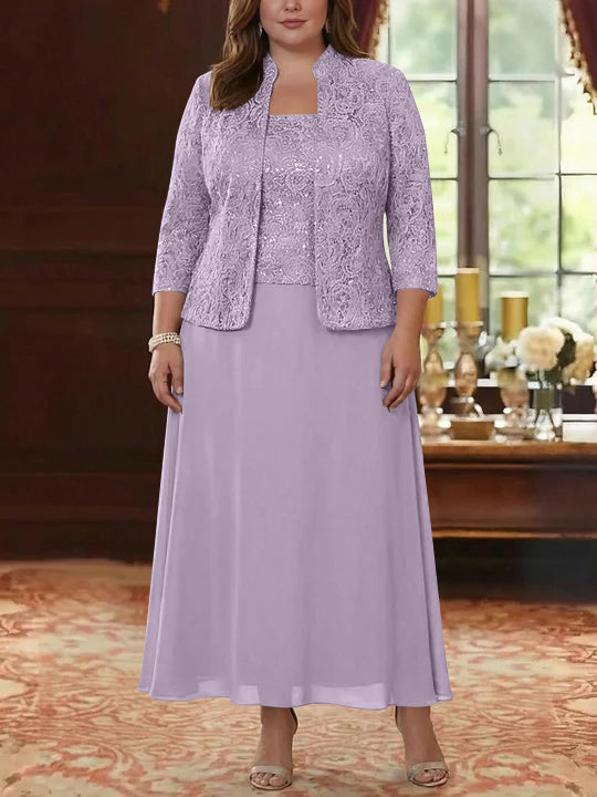 2 Pieces A-Line/Princess Square Collar Chiffon Plus Size Mother of the Bride Dresses with Jacket Lace Ankle-Length 3/4 Sleeves