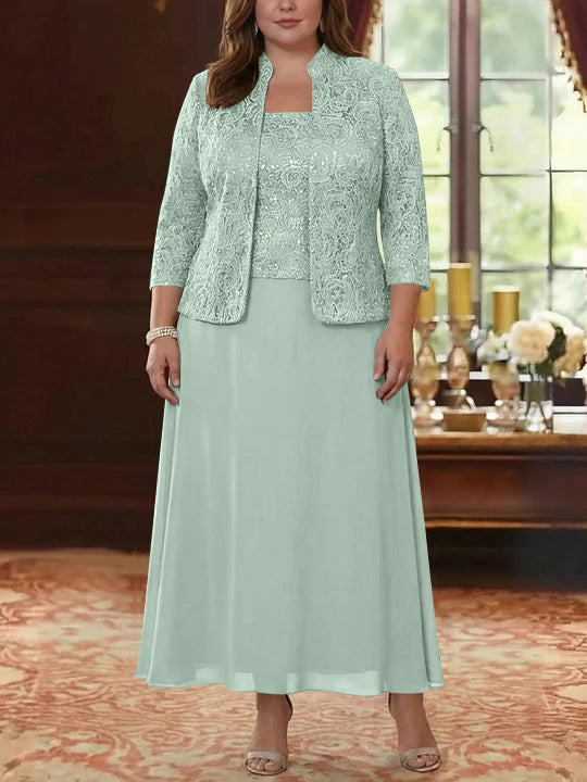 2 Pieces A-Line/Princess Square Collar Chiffon Plus Size Mother of the Bride Dresses with Jacket Lace Ankle-Length 3/4 Sleeves