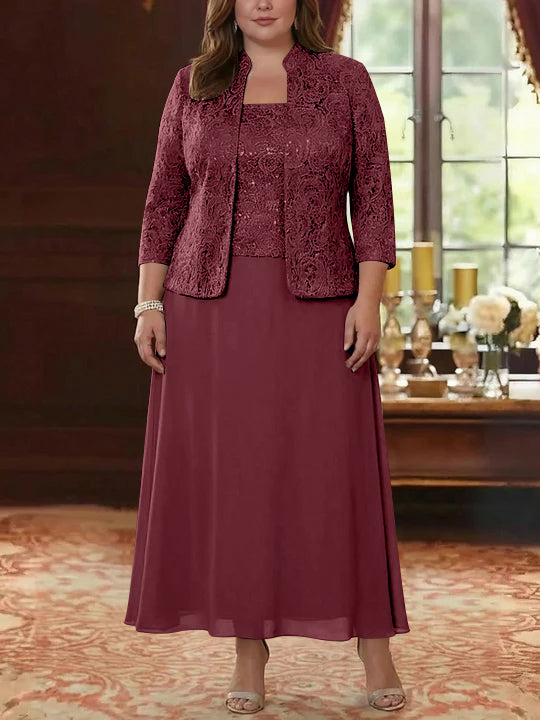 2 Pieces A-Line/Princess Square Collar Chiffon Plus Size Mother of the Bride Dresses with Jacket Lace Ankle-Length 3/4 Sleeves