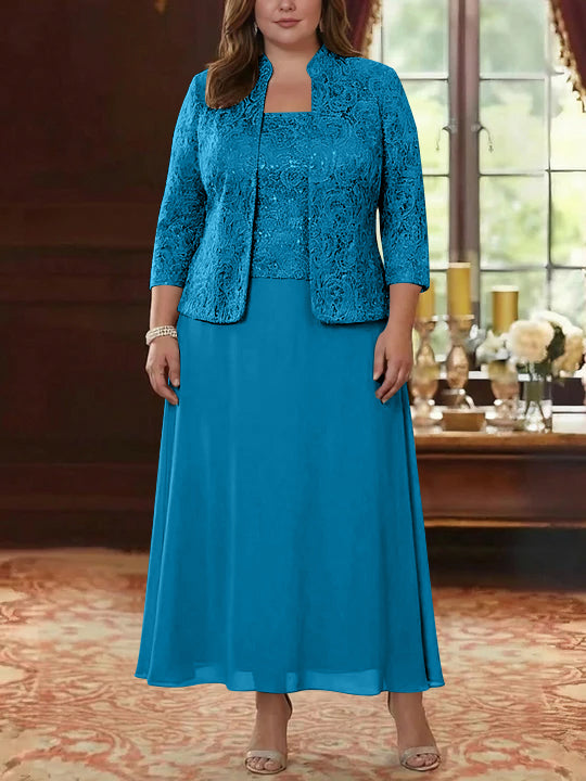 2 Pieces A-Line/Princess Square Collar Chiffon Plus Size Mother of the Bride Dresses with Jacket Lace Ankle-Length 3/4 Sleeves