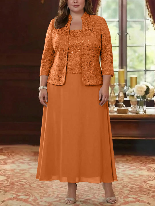 2 Pieces A-Line/Princess Square Collar Chiffon Plus Size Mother of the Bride Dresses with Jacket Lace Ankle-Length 3/4 Sleeves