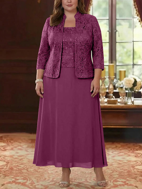 2 Pieces A-Line/Princess Square Collar Chiffon Plus Size Mother of the Bride Dresses with Jacket Lace Ankle-Length 3/4 Sleeves
