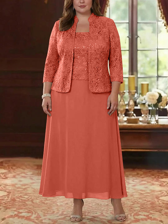 2 Pieces A-Line/Princess Square Collar Chiffon Plus Size Mother of the Bride Dresses with Jacket Lace Ankle-Length 3/4 Sleeves