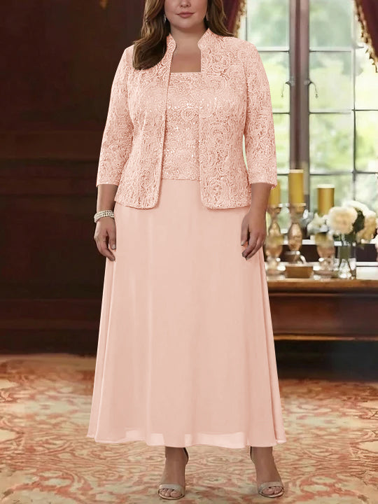 2 Pieces A-Line/Princess Square Collar Chiffon Plus Size Mother of the Bride Dresses with Jacket Lace Ankle-Length 3/4 Sleeves