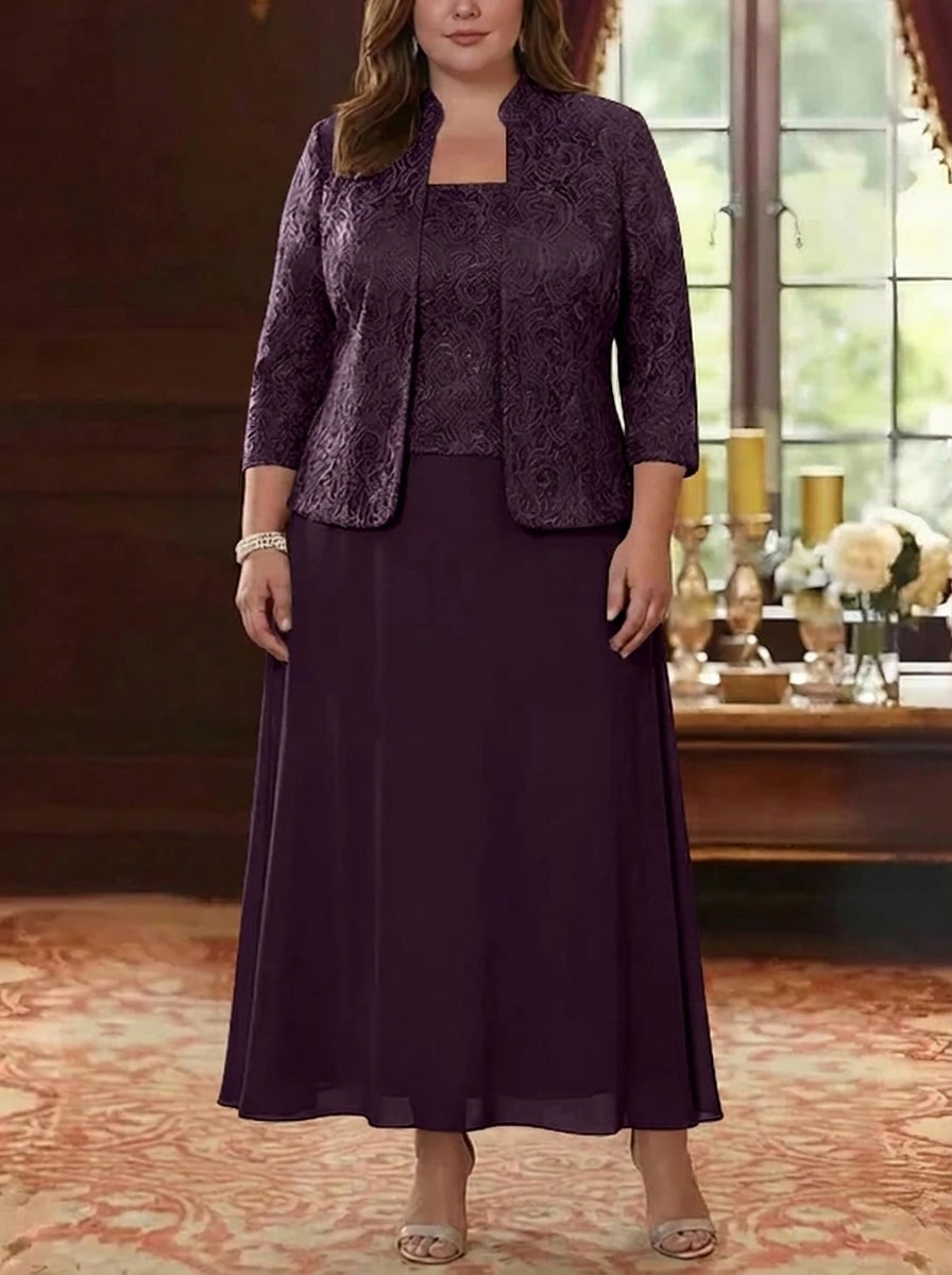 2 Pieces A-Line/Princess Square Collar Chiffon Plus Size Mother of the Bride Dresses with Jacket Lace Ankle-Length 3/4 Sleeves