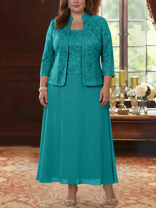 2 Pieces A-Line/Princess Square Collar Chiffon Plus Size Mother of the Bride Dresses with Jacket Lace Ankle-Length 3/4 Sleeves