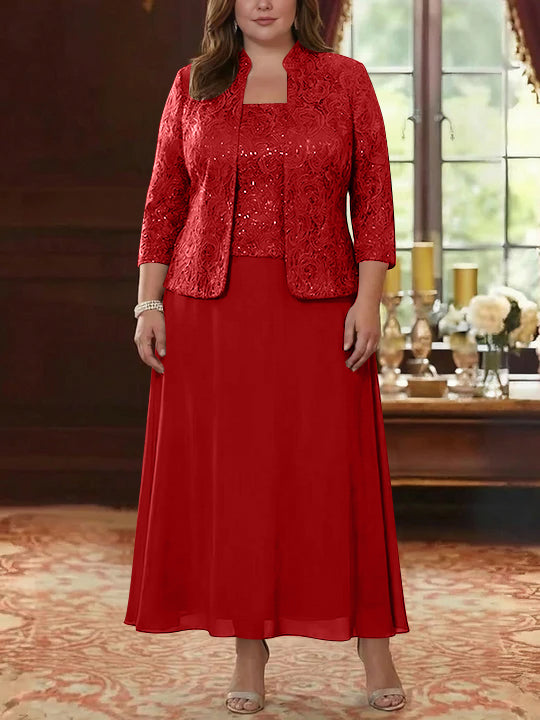 2 Pieces A-Line/Princess Square Collar Chiffon Plus Size Mother of the Bride Dresses with Jacket Lace Ankle-Length 3/4 Sleeves