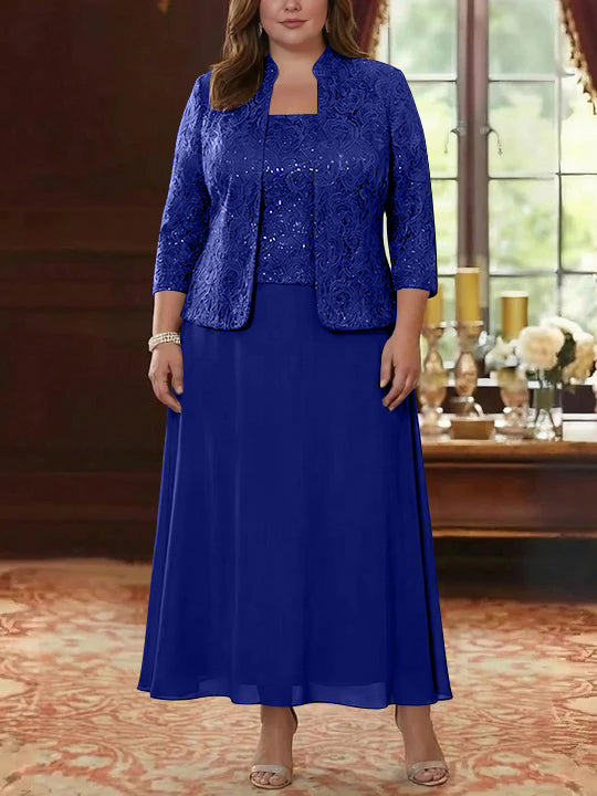 2 Pieces A-Line/Princess Square Collar Chiffon Plus Size Mother of the Bride Dresses with Jacket Lace Ankle-Length 3/4 Sleeves
