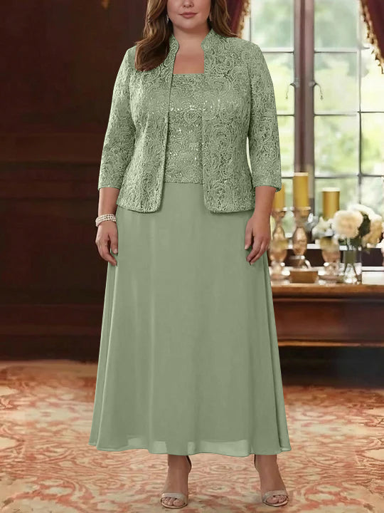 2 Pieces A-Line/Princess Square Collar Chiffon Plus Size Mother of the Bride Dresses with Jacket Lace Ankle-Length 3/4 Sleeves
