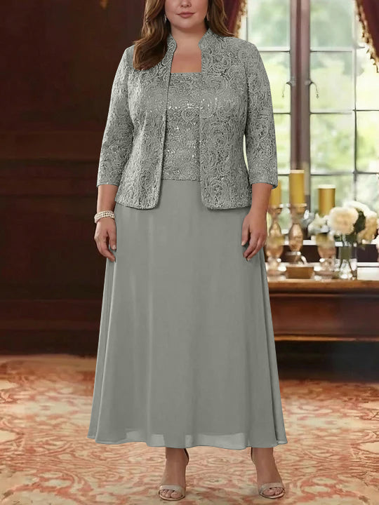 2 Pieces A-Line/Princess Square Collar Chiffon Plus Size Mother of the Bride Dresses with Jacket Lace Ankle-Length 3/4 Sleeves