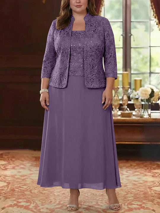 2 Pieces A-Line/Princess Square Collar Chiffon Plus Size Mother of the Bride Dresses with Jacket Lace Ankle-Length 3/4 Sleeves