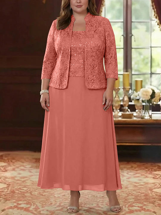 2 Pieces A-Line/Princess Square Collar Chiffon Plus Size Mother of the Bride Dresses with Jacket Lace Ankle-Length 3/4 Sleeves
