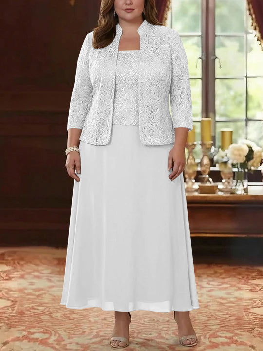 2 Pieces A-Line/Princess Square Collar Chiffon Plus Size Mother of the Bride Dresses with Jacket Lace Ankle-Length 3/4 Sleeves