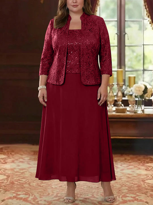 2 Pieces A-Line/Princess Square Collar Chiffon Plus Size Mother of the Bride Dresses with Jacket Lace Ankle-Length 3/4 Sleeves
