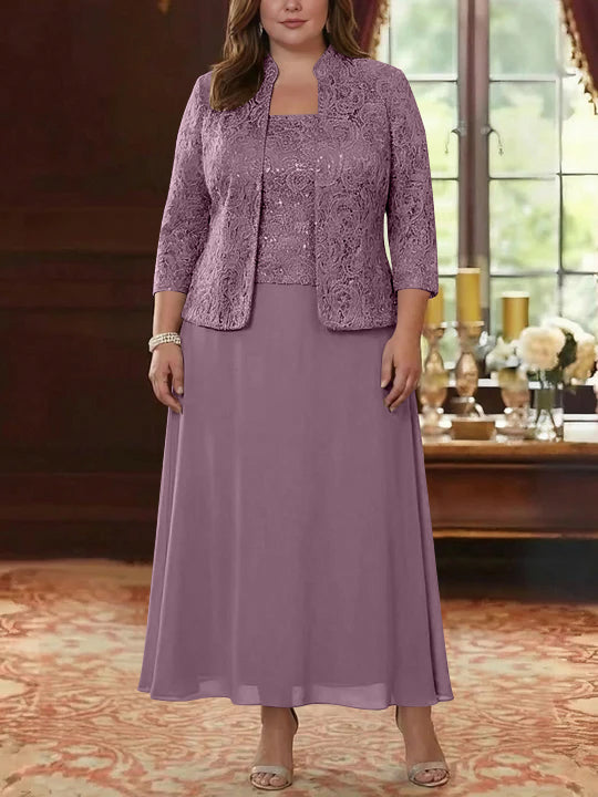 2 Pieces A-Line/Princess Square Collar Chiffon Plus Size Mother of the Bride Dresses with Jacket Lace Ankle-Length 3/4 Sleeves