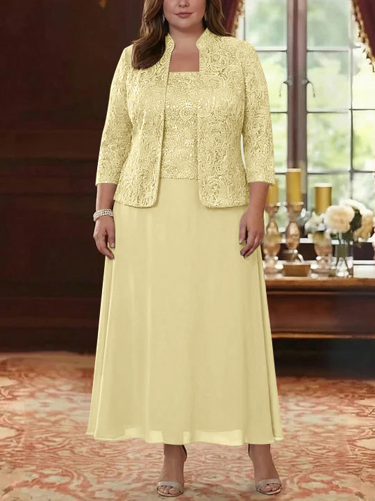 2 Pieces A-Line/Princess Square Collar Chiffon Plus Size Mother of the Bride Dresses with Jacket Lace Ankle-Length 3/4 Sleeves