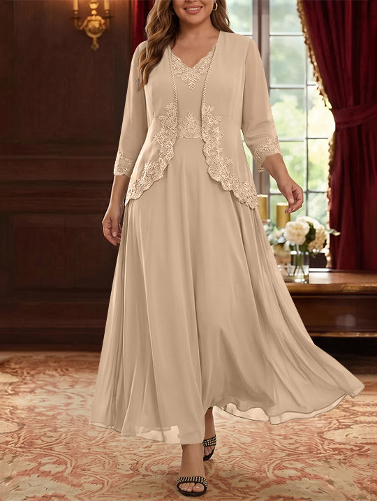 2 Pieces A-Line/Princess V-Neck Chiffon Plus Size Mother of the Bride Dresses with Jacket Lace Ankle-Length 3/4 Sleeves