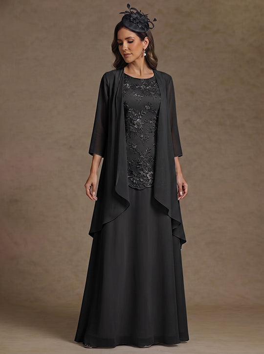 2 Pieces A-Line/Princess Scoop Chiffon Mother of the Bride Dresses with Jacket Floor-Length 3/4 Sleeves Lace