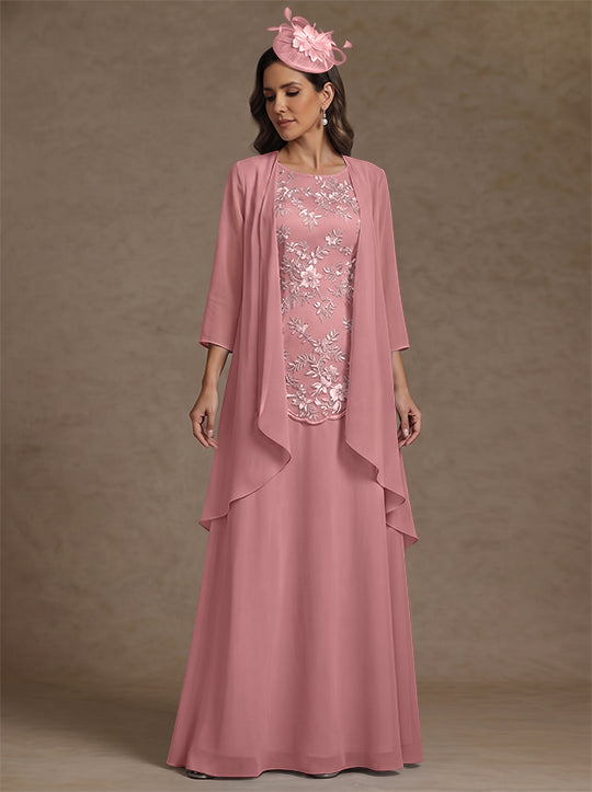 2 Pieces A-Line/Princess Scoop Chiffon Mother of the Bride Dresses with Jacket Floor-Length 3/4 Sleeves Lace