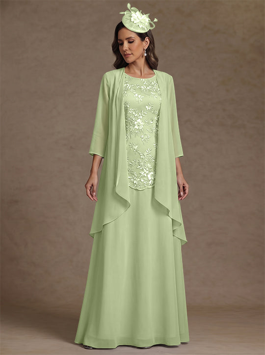 2 Pieces A-Line/Princess Scoop Chiffon Mother of the Bride Dresses with Jacket Floor-Length 3/4 Sleeves Lace