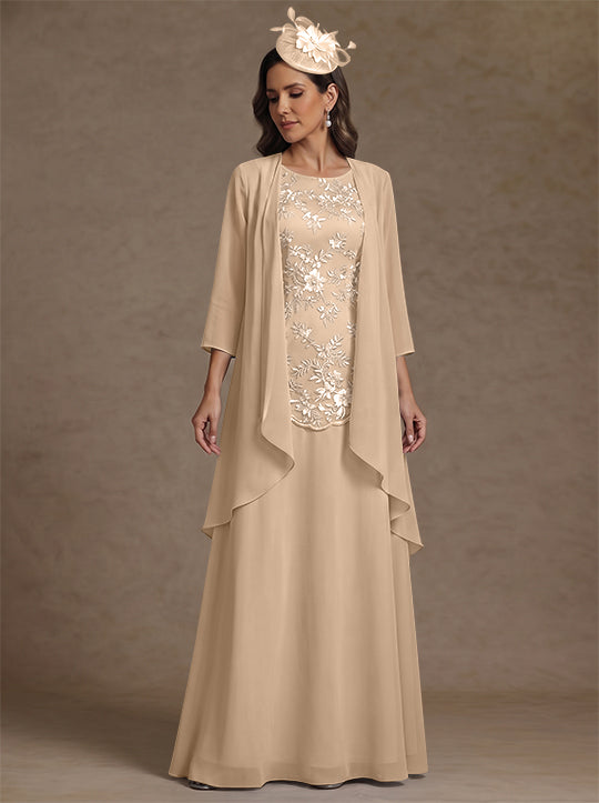 2 Pieces A-Line/Princess Scoop Chiffon Mother of the Bride Dresses with Jacket Floor-Length 3/4 Sleeves Lace