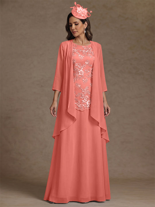 2 Pieces A-Line/Princess Scoop Chiffon Mother of the Bride Dresses with Jacket Floor-Length 3/4 Sleeves Lace