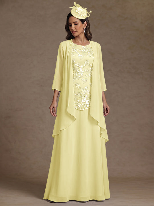 2 Pieces A-Line/Princess Scoop Chiffon Mother of the Bride Dresses with Jacket Floor-Length 3/4 Sleeves Lace