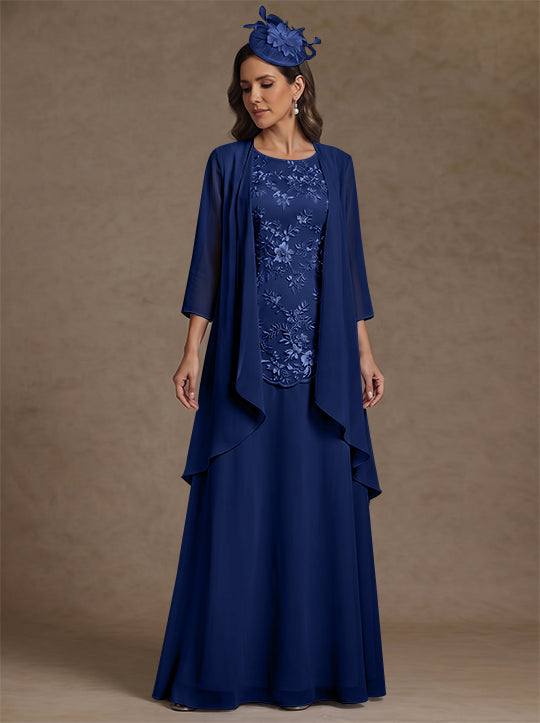 2 Pieces A-Line/Princess Scoop Chiffon Mother of the Bride Dresses with Jacket Floor-Length 3/4 Sleeves Lace