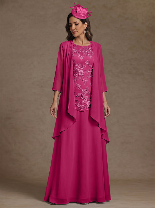 2 Pieces A-Line/Princess Scoop Chiffon Mother of the Bride Dresses with Jacket Floor-Length 3/4 Sleeves Lace