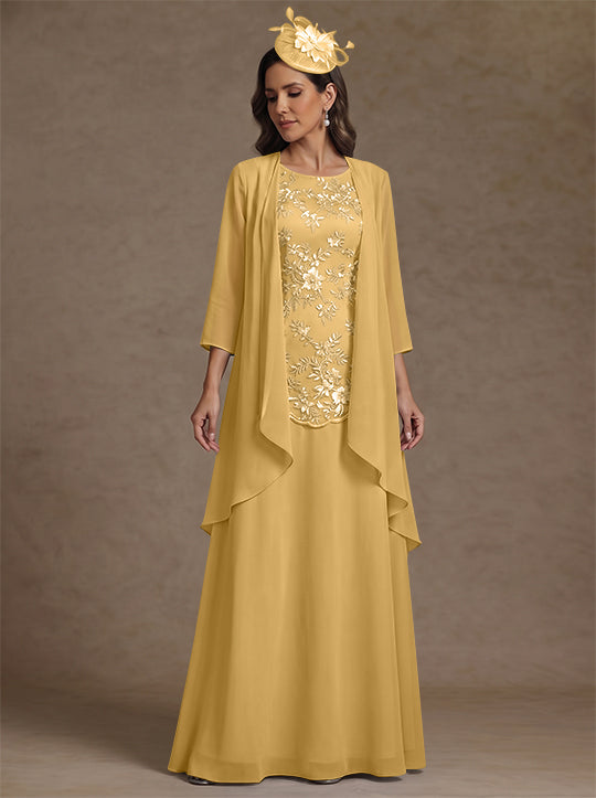 2 Pieces A-Line/Princess Scoop Chiffon Mother of the Bride Dresses with Jacket Floor-Length 3/4 Sleeves Lace
