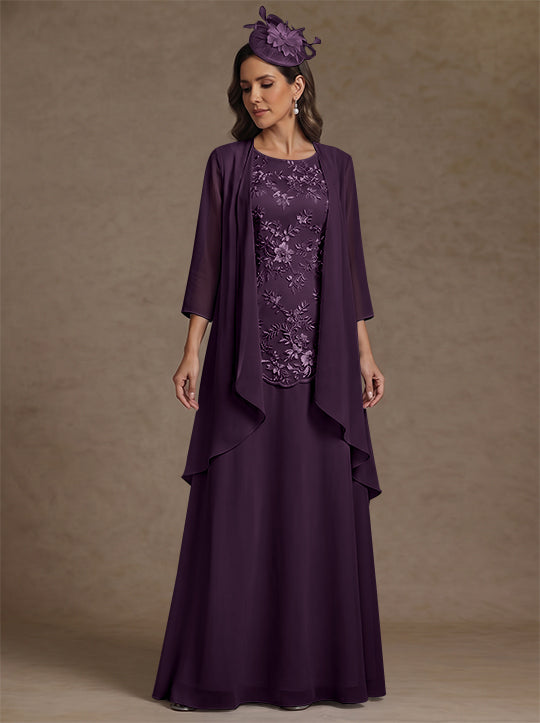 2 Pieces A-Line/Princess Scoop Chiffon Mother of the Bride Dresses with Jacket Floor-Length 3/4 Sleeves Lace