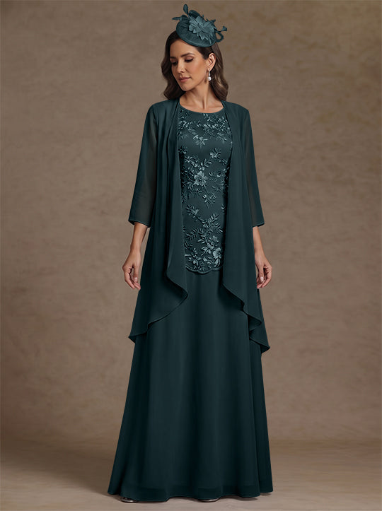 2 Pieces A-Line/Princess Scoop Chiffon Mother of the Bride Dresses with Jacket Floor-Length 3/4 Sleeves Lace