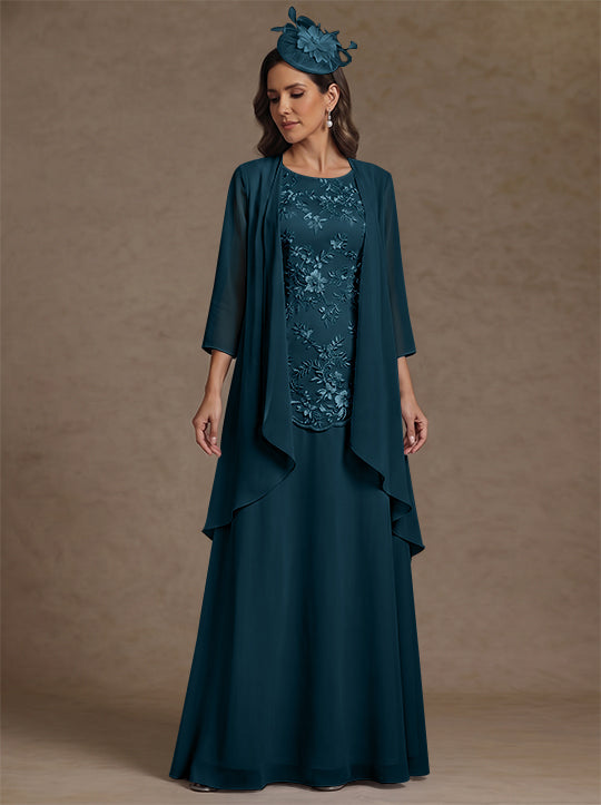 2 Pieces A-Line/Princess Scoop Chiffon Mother of the Bride Dresses with Jacket Floor-Length 3/4 Sleeves Lace
